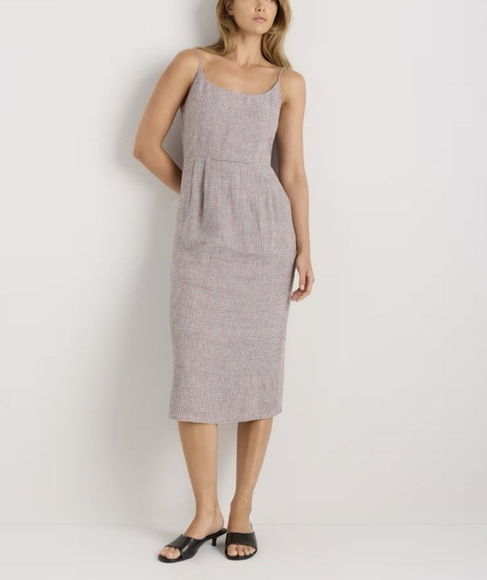 Quince 100% European Linen Scoop Neck Midi Dress Medium Brown Gingham Pockets
